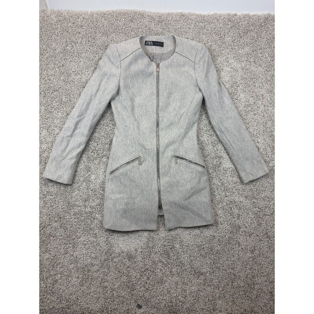 Zara Womens XS Gray Herringbone Longline Jacket Zip Front Collarless Pockets Coa